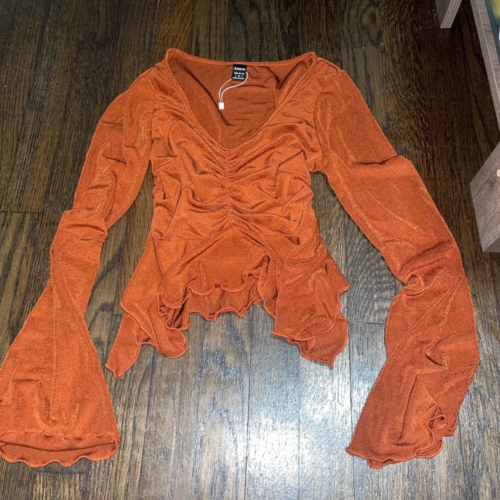 SHEIN Orange Asymmetrical Ruched Bell Sleeve Blouse